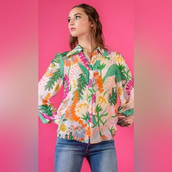 JESSIE LIU Colorful Floral Blouse; Size Large - Picture 1 of 10